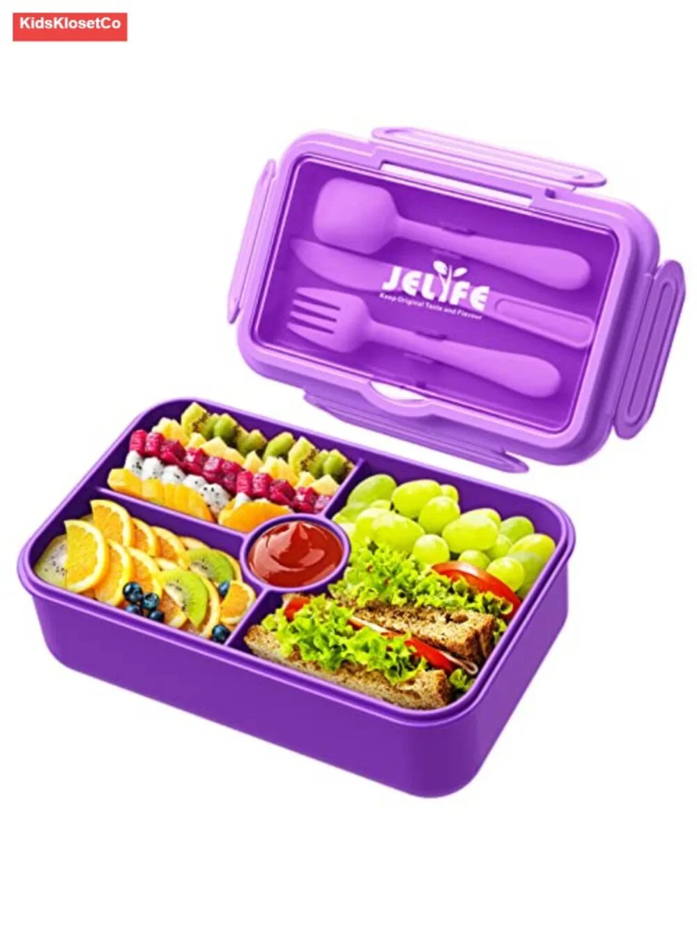 Kids Bento Box Leakproof 4 Compartments Lunch Container with Utensils - Purple